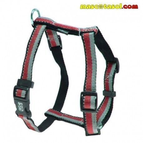 Arnés marca SanDimas TriTono de nailon y colores reflectantes gris-rojo, talla mediana.